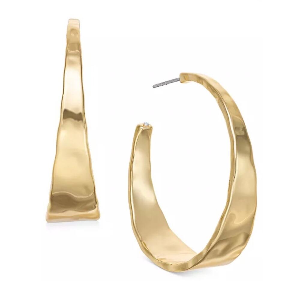 Style & Co Goldtone Hammered Metal Medium Hoop 1.5" Pierced Earrings NEW
